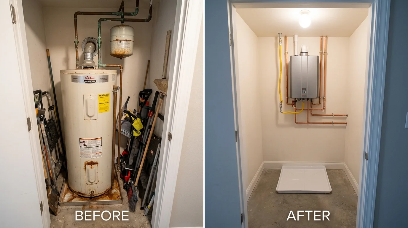 Tank water heater versus wall-mounted tankless unit comparison for Aurora, IN homeowners