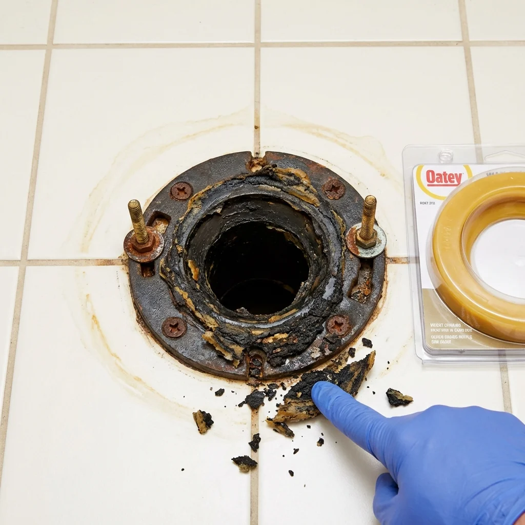 Failed wax ring showing water seepage at the base of a toilet in a Aurora, IN home
