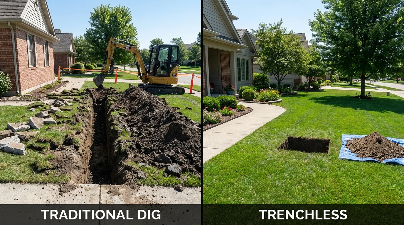Trenchless sewer repair with minimal yard damage versus traditional excavation in Aurora, IN